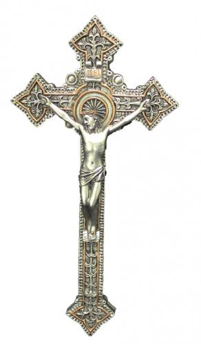 Crucifix Wall 9 Inch Pewter Gold Trim Bronze