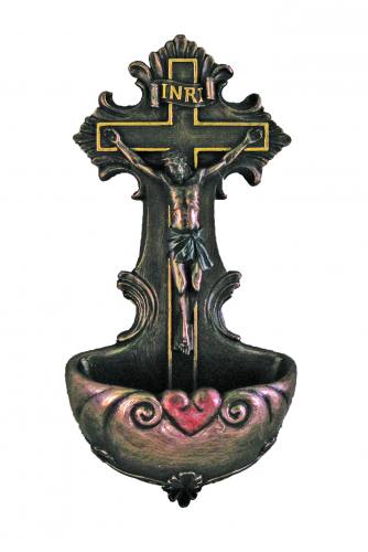 Holy Water Font Crucifix 6.75 inch Resin Bronze