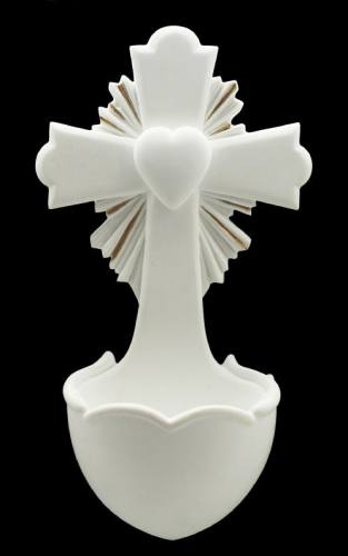 Holy Water Font Cross Heart 6 Inch White Resin