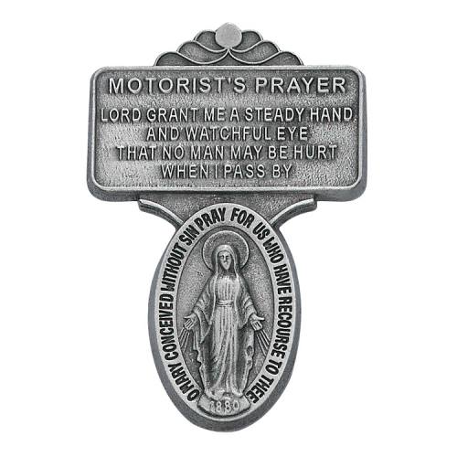 Visor Clip Miraculous Medal Oval "Motorist Prayer" Pewter Silver