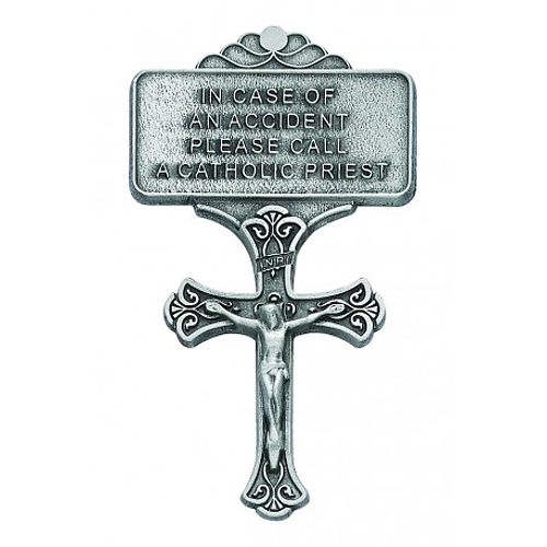 Visor Clip Crucifix "Catholic Call A Priest" Pewter Silver
