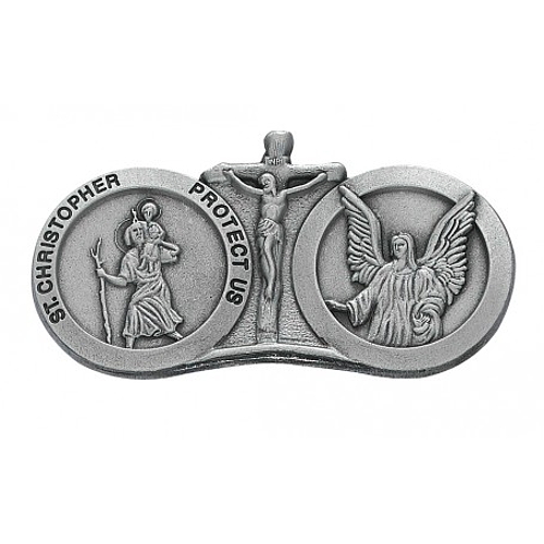 Visor Clip St. Christopher & Guardian Angel Medals Pewter Silver