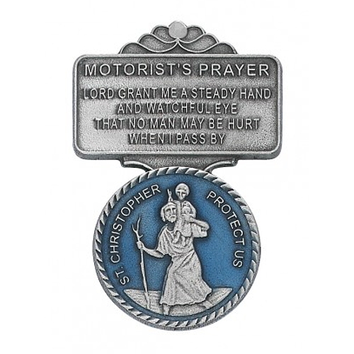 Visor Clip St. Christopher Medal "Motorist Prayer" Pewter Enamel