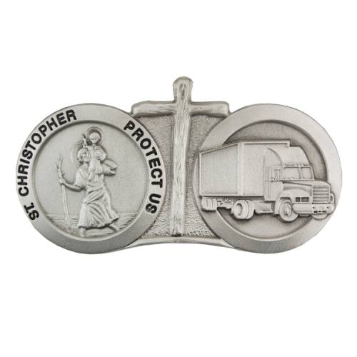 Visor Clip St. Christopher Medal & Semi Truck Pewter Silver