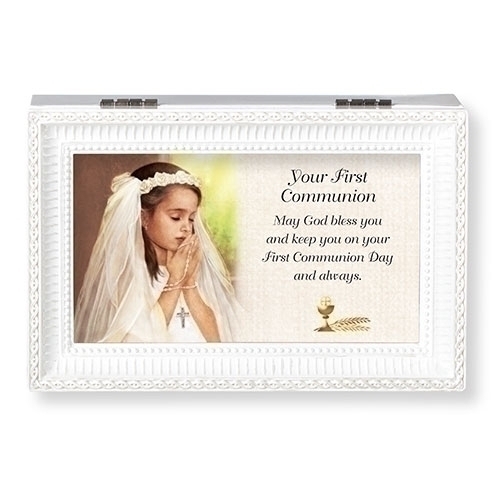 Music Box First Communion May God Bless White Small