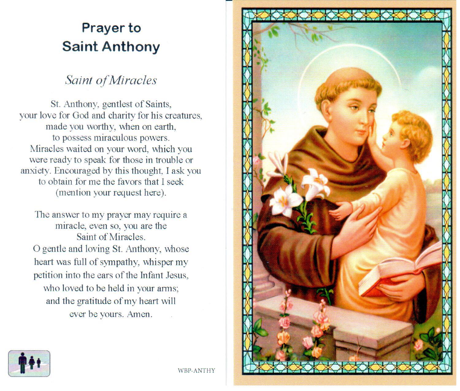 Prayer Holy Card St. Anthony Laminated