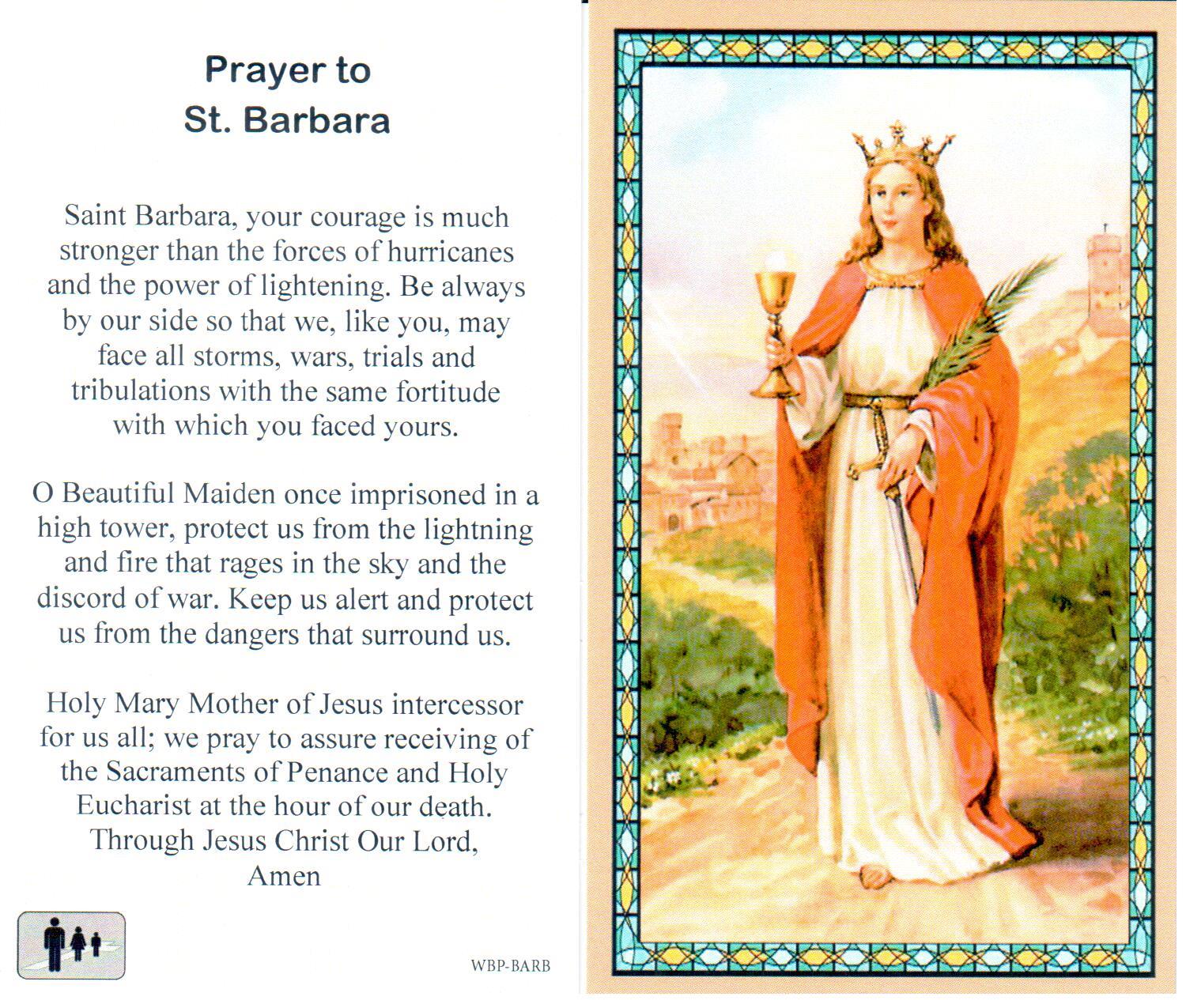 Prayer Holy Card St. Barbara Laminated