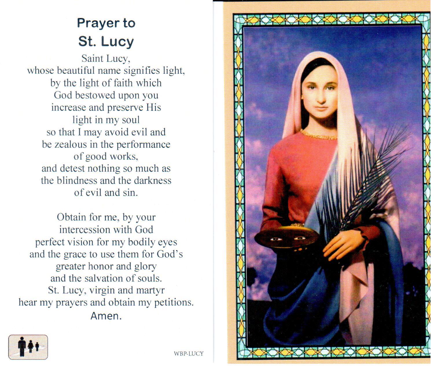 Prayer Holy Card St. Lucy Laminated