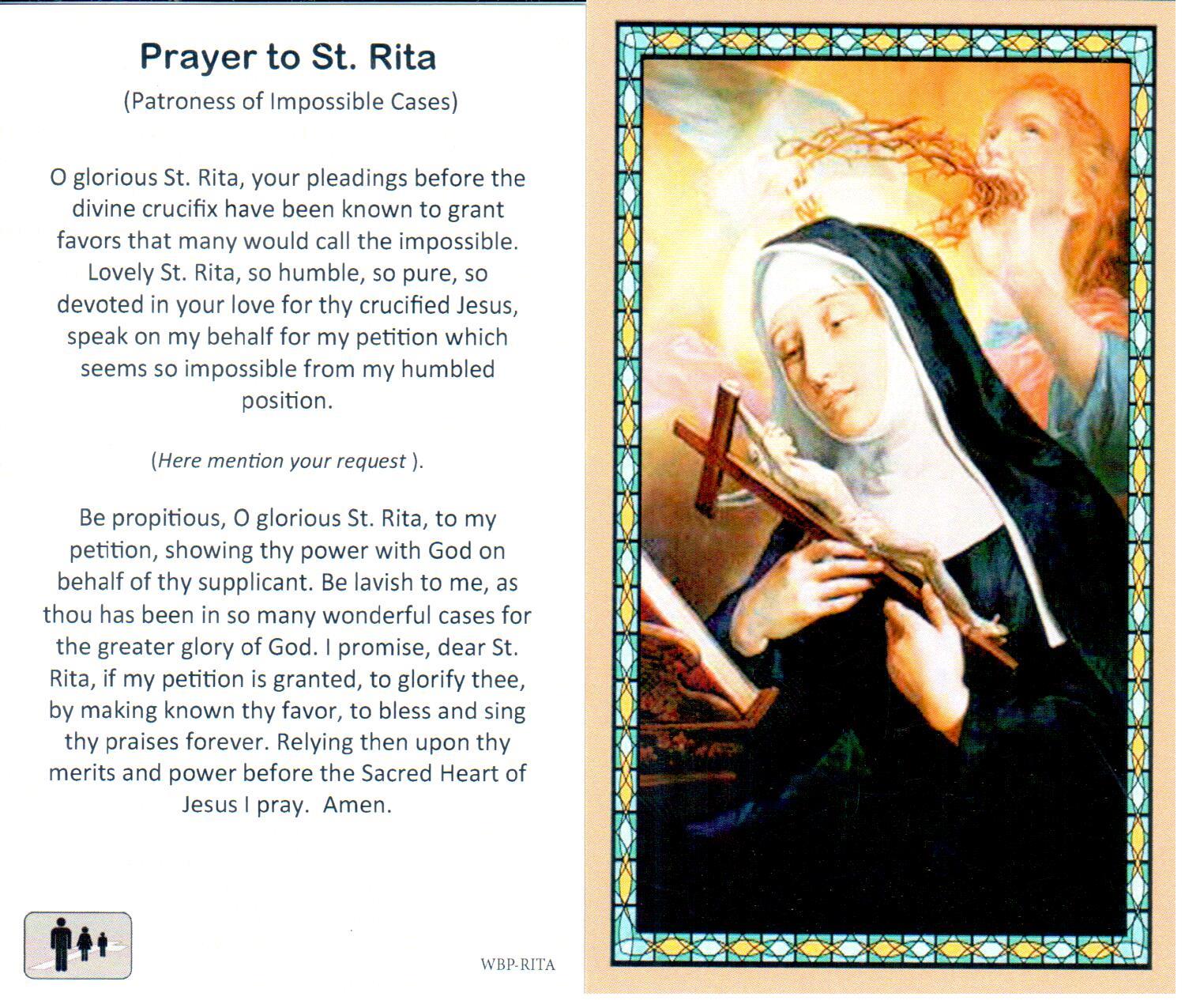 Prayer Holy Card St Rita Laminated