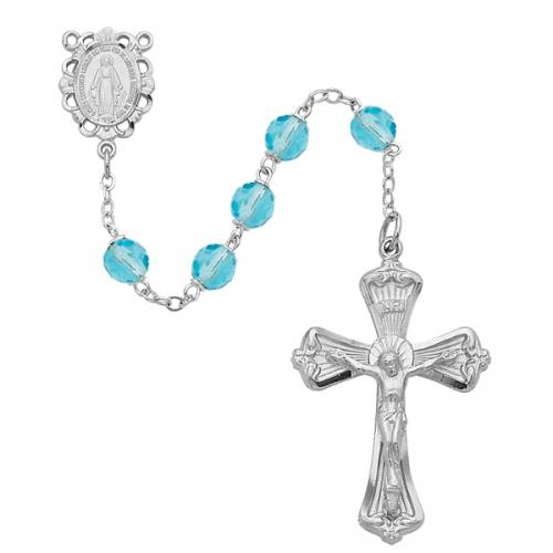 Rosary Miraculous Medal Rhod Silver Aquamarine March Birthstone