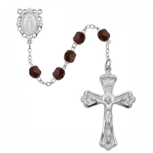 Rosary Miraculous Medal Rhod Silver Garnet January Birthstone