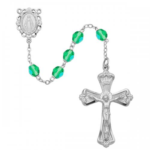 Rosary Miraculous Medal Rhod Silver Peridot August Birthstone