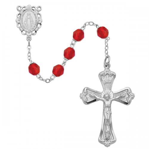 Rosary Miraculous Medal Rhod Silver Ruby July Birthstone