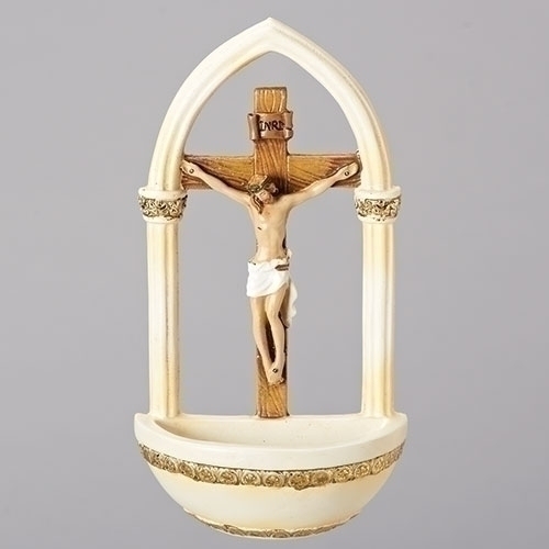 Holy Water Font Crucifix 7 inch Resin Painted