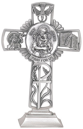 Cross Standing St. Joseph 5 inch Pewter Silver