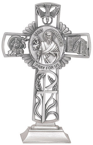 Cross Standing St. Matthew Evangelist 5 inch Pewter Silver