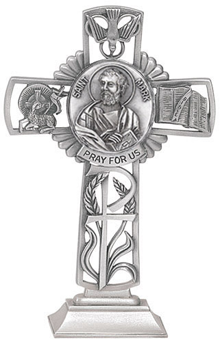 Cross Standing St. Mark Evangelist 5 inch Pewter Silver