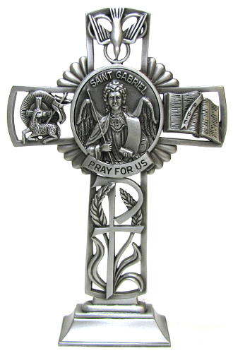 Cross Standing St. Gabriel Archangel 5 inch Pewter Silver