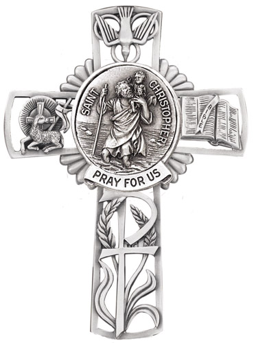 Cross Wall St. Christopher 5 inch Pewter Silver