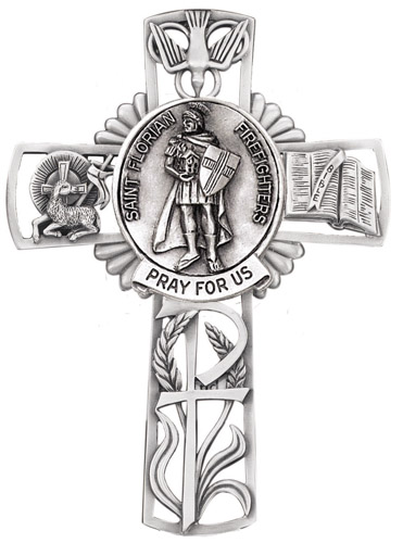 Cross Wall St. Florian Firefighters 5 inch Pewter Silver