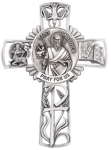 Cross Wall St. Matthew Evangelist 5 inch Pewter Silver